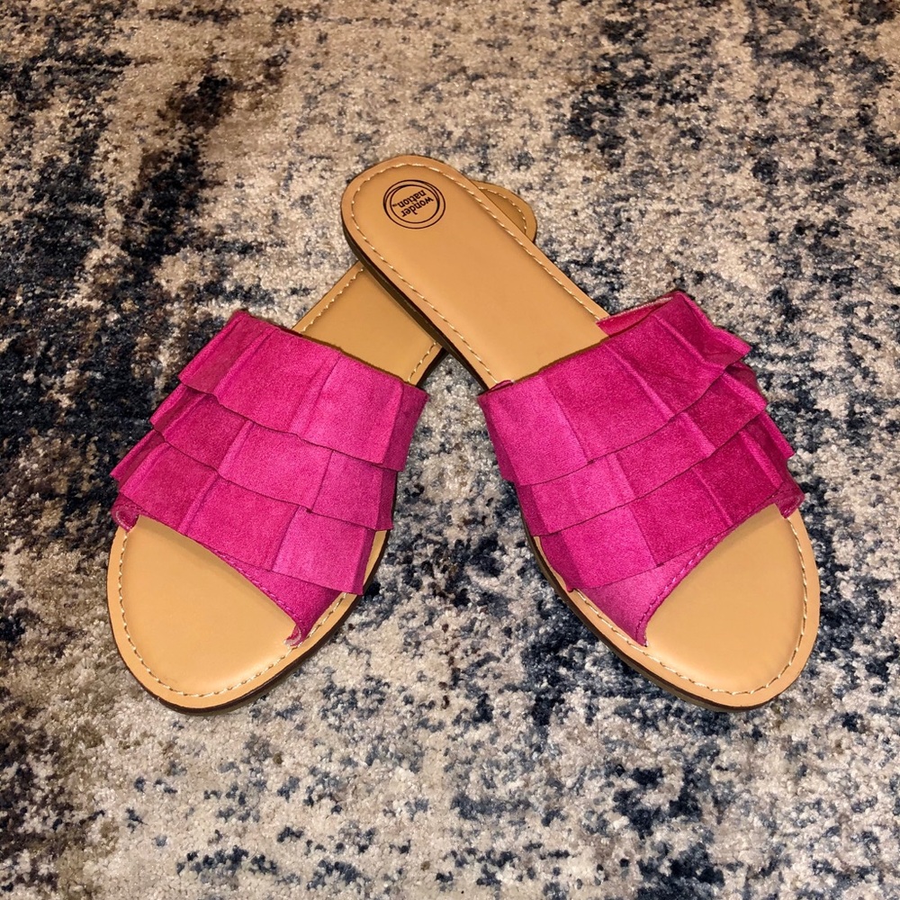 Hot pink flat ruffle slip on sandals